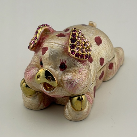 Vintage Gold Pink Enamel Rhinestone Pig Trinket Box - Picture 4 of 7